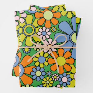Retro Garden Flowers Groovy 60s 70s Colorful  Wrapping Paper Sheet