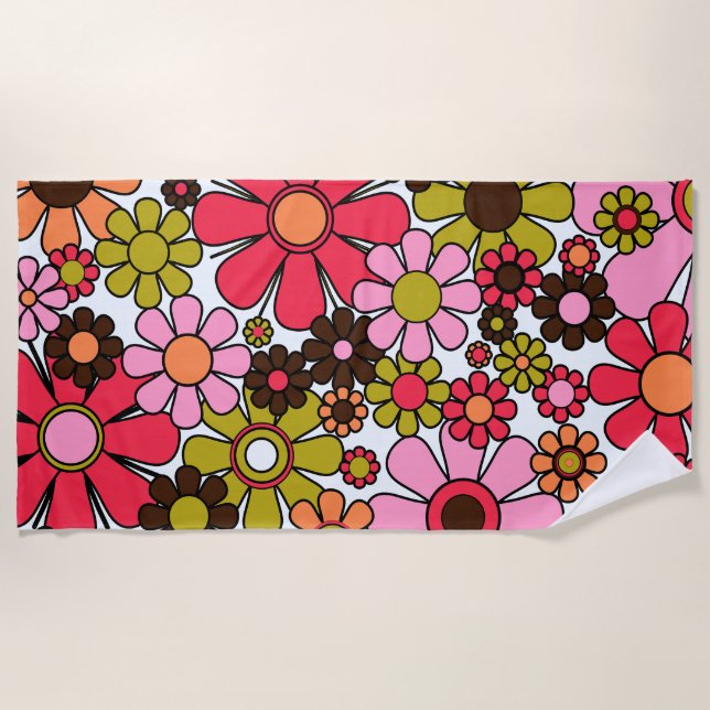 Retro Garden Flowers Groovy 60s 70s Floral Pattern Beach Towel (Front)