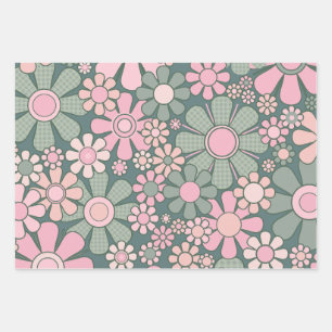 Retro Garden Flowers Groovy 60s 70s Floral Pattern Wrapping Paper Sheet