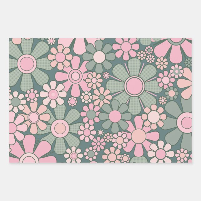 Retro Garden Flowers Groovy 60s 70s Floral Pattern Wrapping Paper Sheet (Front)