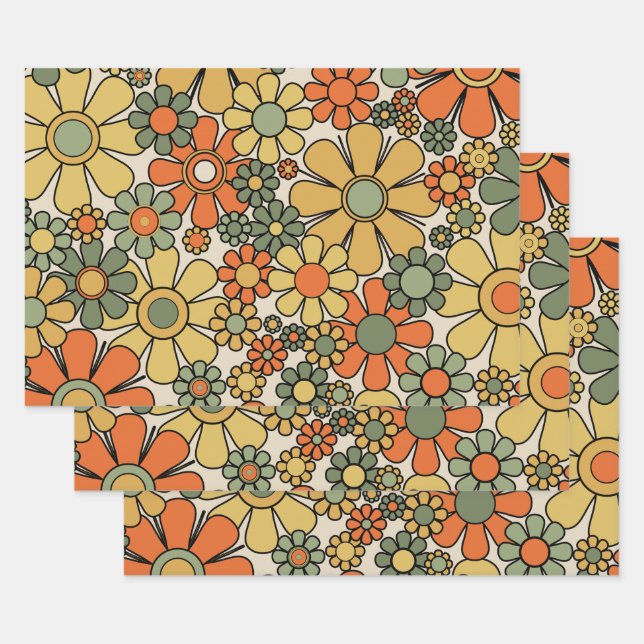 Retro Garden Flowers Groovy 60s 70s Floral Pattern Wrapping Paper Sheet (Set)
