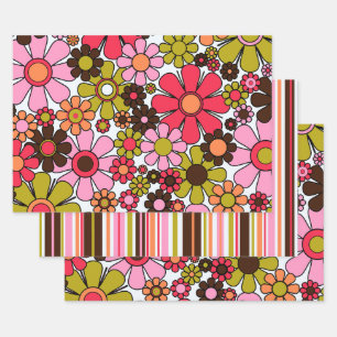 Retro Garden Flowers Groovy 60s 70s Floral Pattern Wrapping Paper Sheet