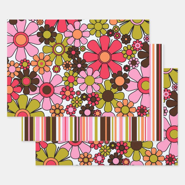 Retro Garden Flowers Groovy 60s 70s Floral Pattern Wrapping Paper Sheet (Set)