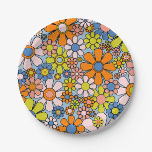 Retro Garden Flowers Groovy 60s 70s Spring Floral Paper Plate