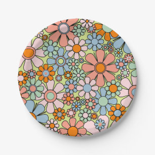Retro Garden Flowers Groovy 60s 70s Spring Pastel Paper Plate