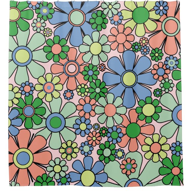 Retro Garden Flowers Groovy 60s 70s Spring Pastel Shower Curtain (Front)