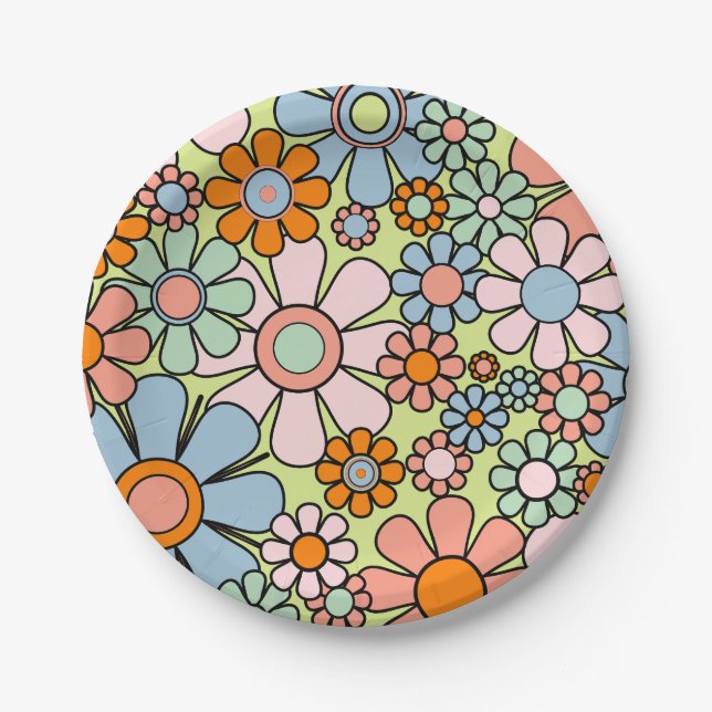 Retro Garden Flowers Groovy 60s 70s Spring Pattern Paper Plate (Front)