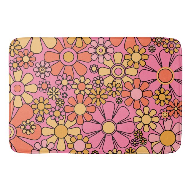 Retro Garden Flowers Groovy Pink 60s 70s Floral  Bath Mat (Front)