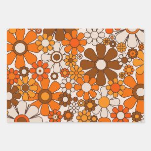 Retro Garden Flowers Vintage 1970s Floral Pattern Wrapping Paper Sheet