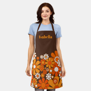 Retro Garden Flowers Vintage 70s Brown and Orange Apron