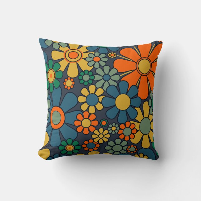 Retro Garden Groovy Floral 60s 70s Pattern Cushion (Front)