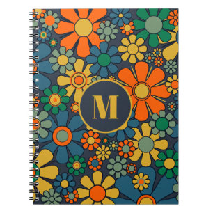 Retro Garden Groovy Floral 60s 70s Pattern Initial Notebook