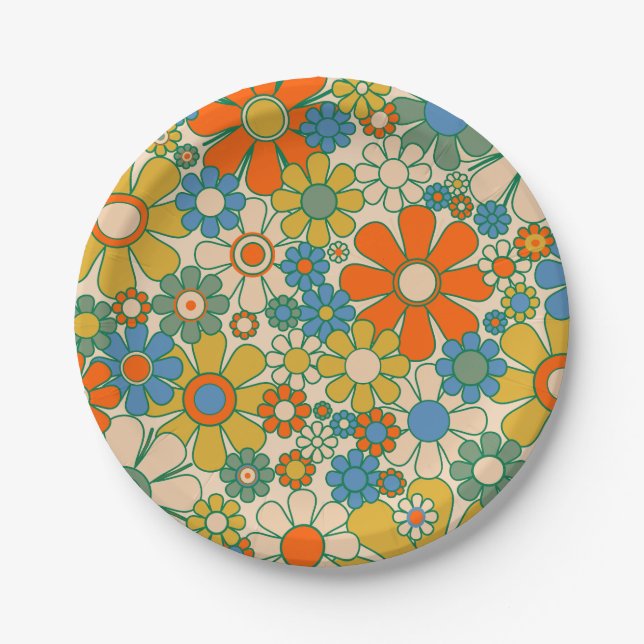 Retro Garden Groovy Floral 60s 70s Pattern Paper Plate (Front)