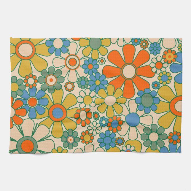Retro Garden Groovy Floral 60s 70s Pattern Tea Towel (Horizontal)