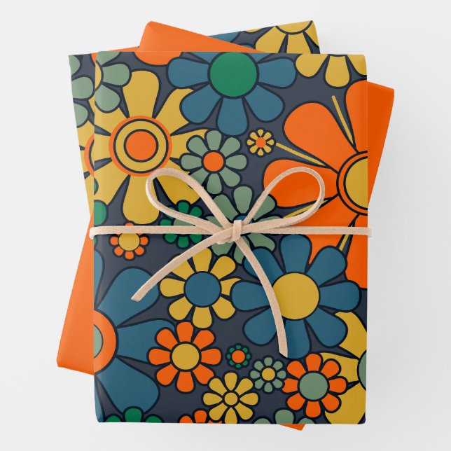 Retro Garden Groovy Floral 60s 70s Pattern Wrapping Paper Sheet (In situ)