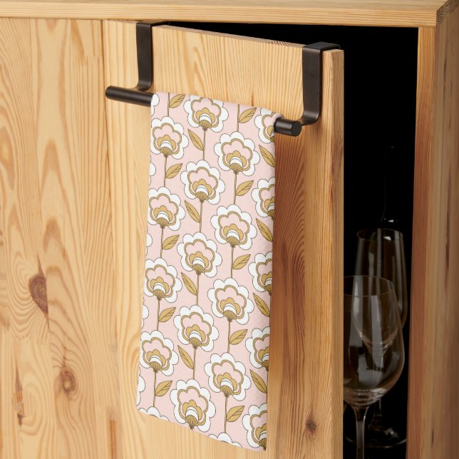 Retro Garden Pink Floral Pattern Tea Towel (Thirds Fold)