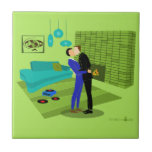 Retro Gay Couple in Love Tile<br><div class="desc">This Retro Gay Couple in Love Tile design is the perfect blend of passion and kitsch. The 1960s style, minimalist art design features an attractive gay couple kissing in the middle of there impeccably decorated time capsule home. The lime green brick fireplace sets the mood for the well-groomed gentlemen, as...</div>
