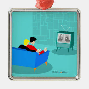 Retro Gay Couple Watching TV Ceramic Ornament