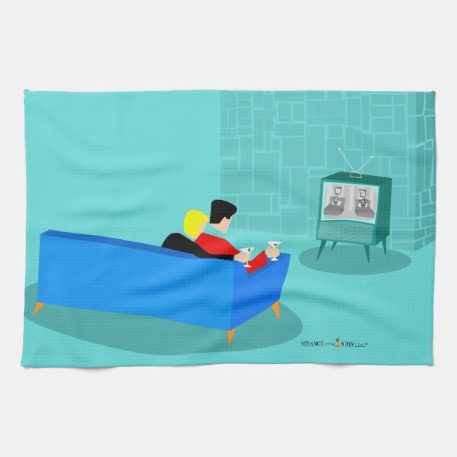 Retro Gay Couple Watching TV Kitchen Towels (Horizontal)