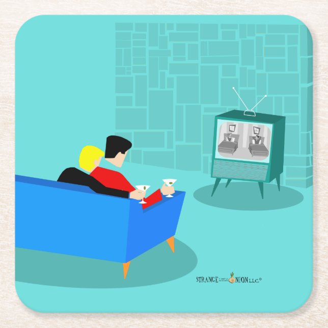 Retro Gay Couple Watching TV Paper Coaster (Front)