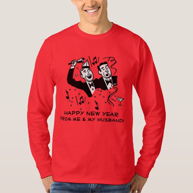 Retro Gay "Happy New Year From Me and My Husband" T-Shirt (Front)