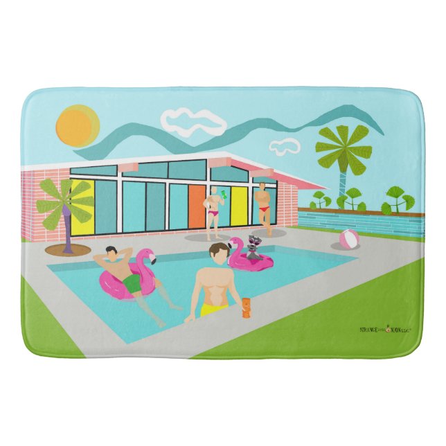 Retro Gay Pink Flamingo Pool Party Bath Mat (Front)