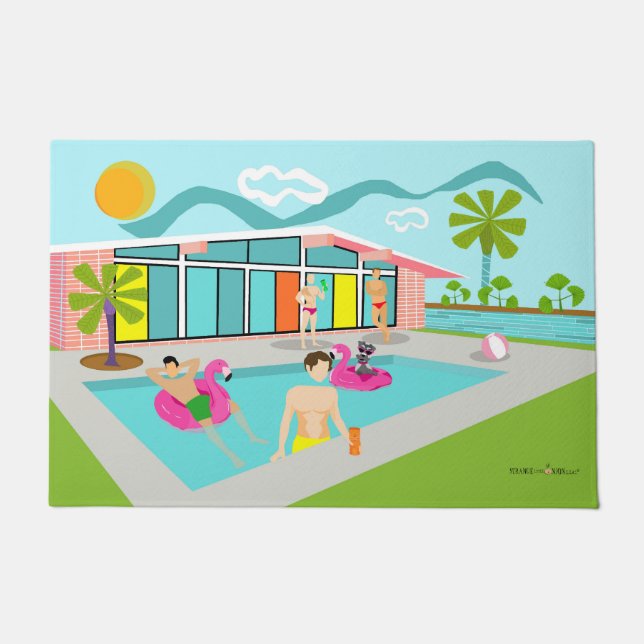 Retro Gay Pink Flamingo Pool Party  Doormat (Front)