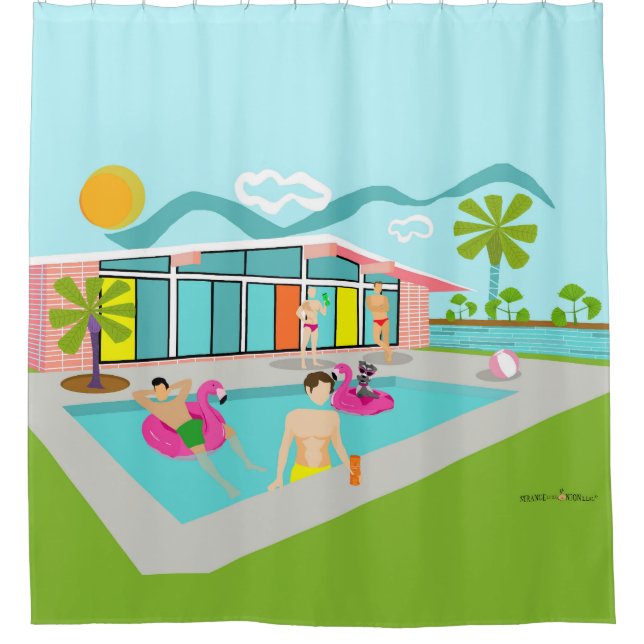 Retro Gay Pink Flamingo Pool Party Shower Curtain (Front)