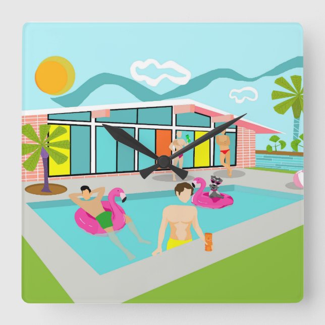 Retro Gay Pink Flamingo Pool Party Square Wall Clock (Front)