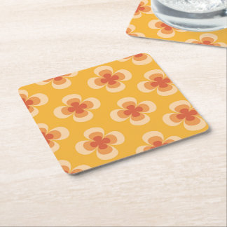 Retro Geo 70s Groovy Florals on Amber Square Paper Coaster