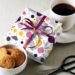 Retro Geometric Abstract Pat#8 Magenta ID1067 Wrapping Paper<br><div class="desc">Embrace the charm of mid-century modern style with this Memphis-inspired geometric abstract design. Featuring a bold palette of sky magenta, dark eggplant, and gold on a crisp white background, this gift wrap pattern captures the bold yet refined aesthetic of the iconic design movement. The playful geometric shapes and bright colour...</div>