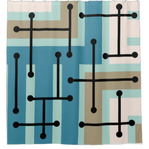 Retro Geometric Art Maze Turquoise Gold Shower Curtain