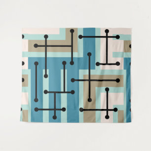 Retro Geometric Art Maze Turquoise Gold Tapestry