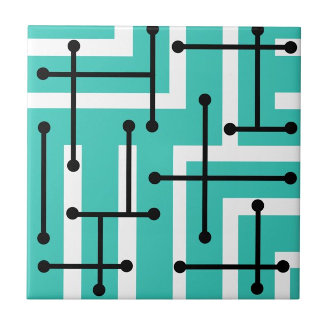 Retro Geometric Art Maze Turquoise Tile (Front)