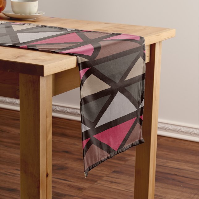 Retro Geometric Art Triangles Black Red Brown Short Table Runner (In Situ)