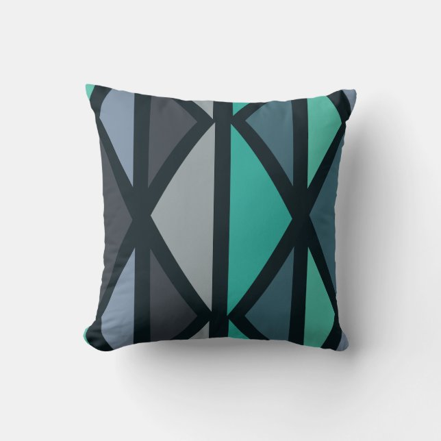 Retro Geometric Art Triangles Black Teal Cushion (Front)