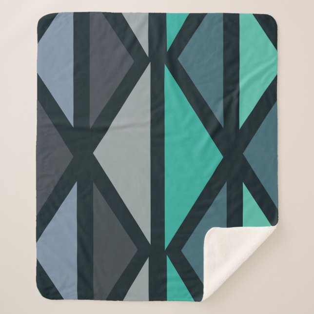 Retro Geometric Art Triangles Black Teal Sherpa Blanket (Front)