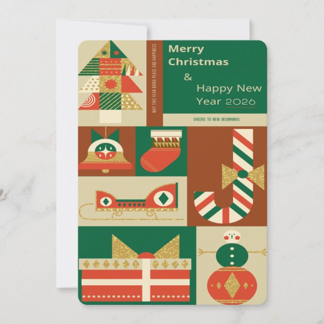 Retro Geometric Christmas Greeting Card – Festive. (Front)