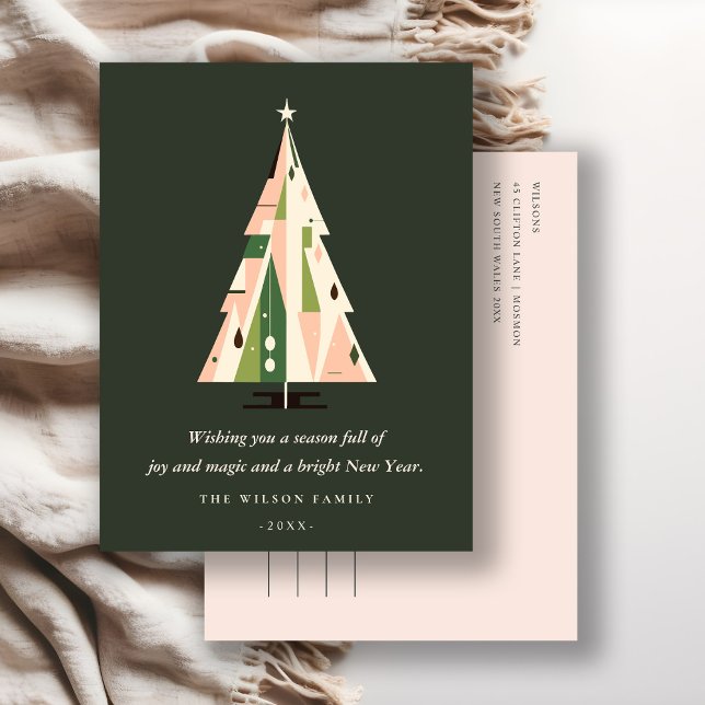 Retro Geometric Christmas Tree Blush Forest Green Holiday Postcard (Creator Uploaded)