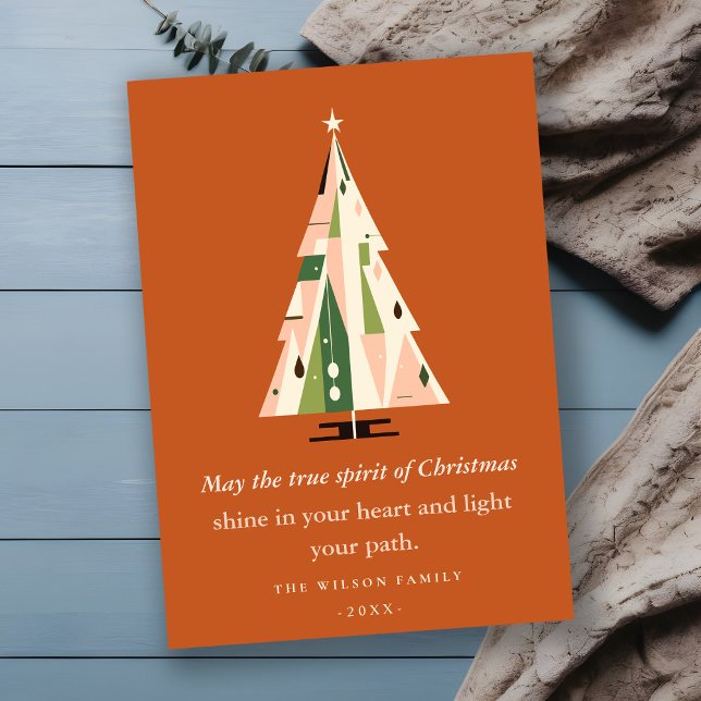 Retro Geometric Christmas Tree Blush Green Rust Holiday Card (Creator Uploaded)