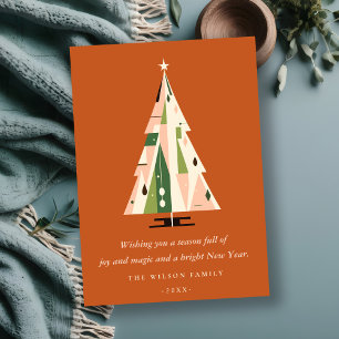 Retro Geometric Christmas Tree Blush Green Rust Holiday Card