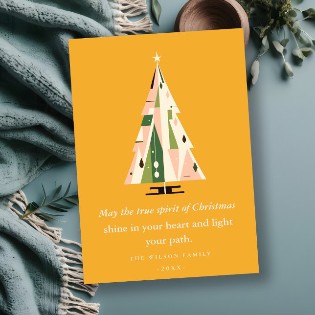 Retro Geometric Christmas Tree Blush Mustard Green Holiday Card (Creator Uploaded)