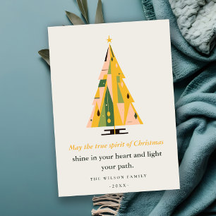 Retro Geometric Christmas Tree Blush Mustard Green Holiday Card