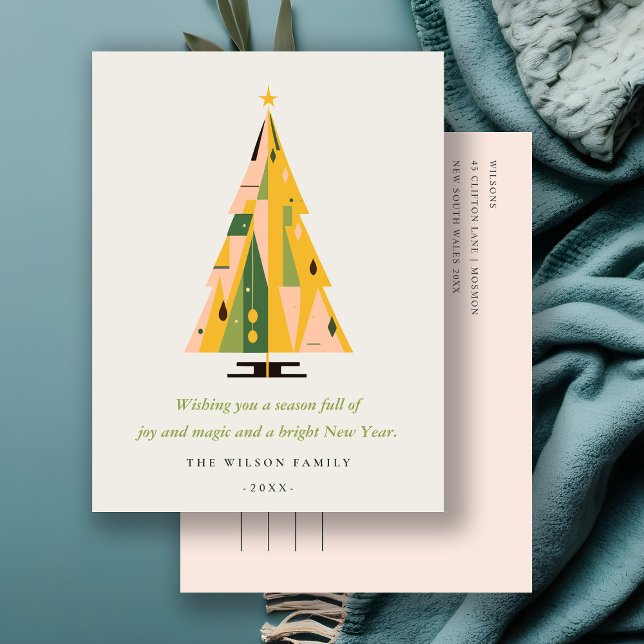 Retro Geometric Christmas Tree Blush Mustard Green Holiday Postcard (Creator Uploaded)