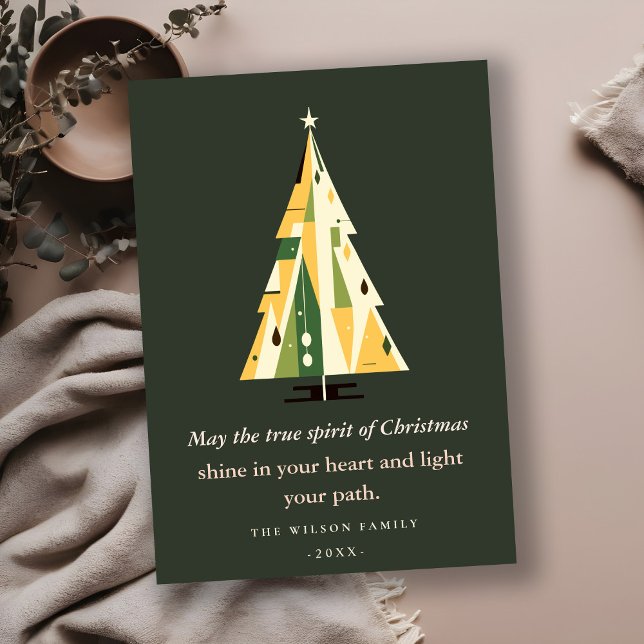 Retro Geometric Christmas Tree Yellow Forest Green Holiday Card (Creator Uploaded)
