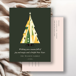 Retro Geometric Christmas Tree Yellow Forest Green Holiday Postcard