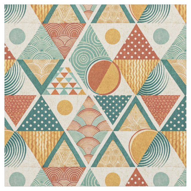 Retro Geometric Circle & Triangle Abstract Pattern Fabric (Close Up)