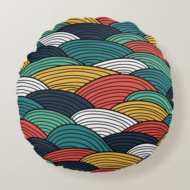 Retro geometric colourful wave pattern Throw Round Cushion (Front)
