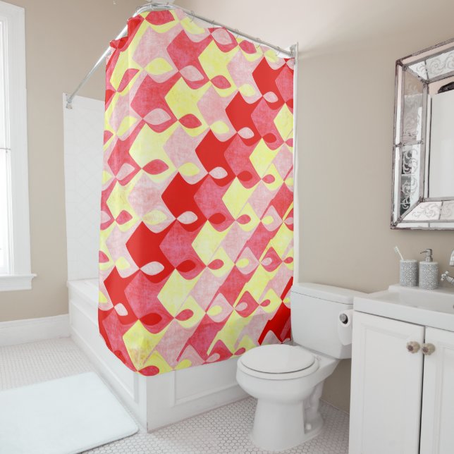 Retro Geometric Diamond Pattern Red, Pink & Yellow Shower Curtain (In Situ)