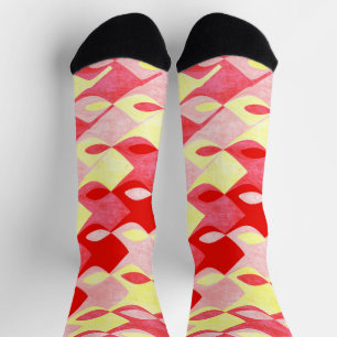 Retro Geometric Diamond Pattern Red, Pink & Yellow Socks